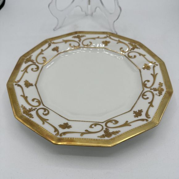 Antique Limoges Plate 9.25” Gold Trim France 12-sided Embossed Scroll - Picture 9 of 14